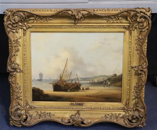 Attributed to Robert Strickland Thomas (1787-1853) A warship off the coast and Fishing boats on the beach at low tide, 10.5 x 13.5in.